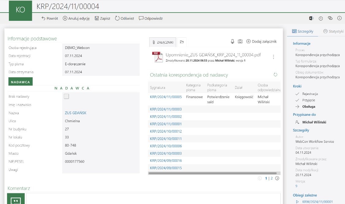 eDoręczenia korespondencji przychodzącej w WEBCON elektronicznym obiegu dokumentów